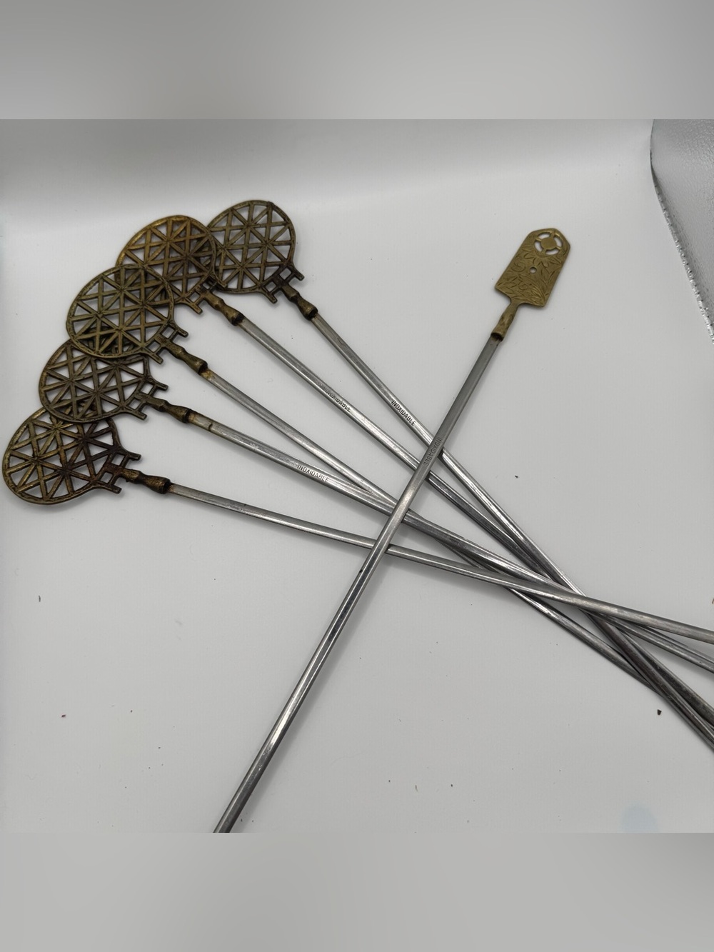 Vintage Brass Turkish Skewers Lot of 6 Inoxidable Stainless Steel Kabob MCM Bar